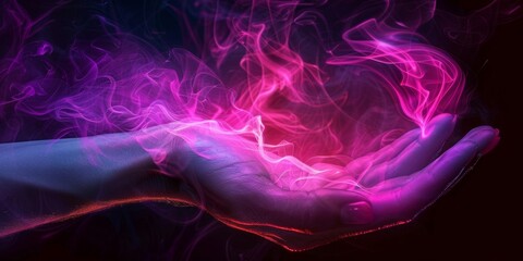 Red Glowing Fantasy Hand Concept. Drifting Magical Fantasy with Neon Smoke on Black Background. Witchcraft. Glowing Palm. Surreal Energy Glow. Halloween, Christmas. High-Resolution Wallpaper. AI-Gener