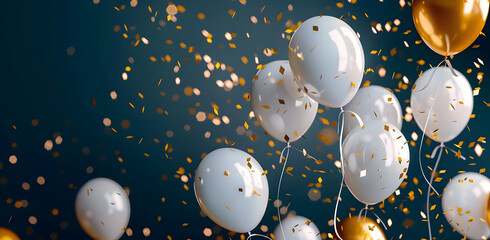 birthday background with dark blue and white balloons, confetti, and space for text