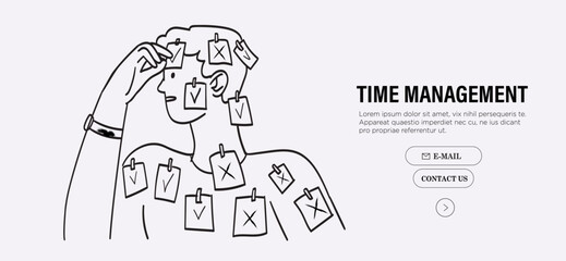 Man put memory notes marking v and x cross check marks while planning and controlling work, study and projects in schedule. Organize efficient business, set priorities, reminders. Work life balance.