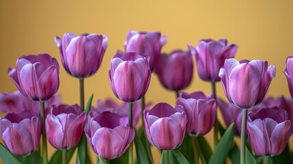 Obraz premium Pink tulips with a yellow background, vibrant floral arrangement. Spring and gardening concept