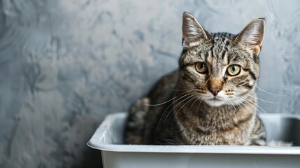 Cat in litter box against gray wall with space for text