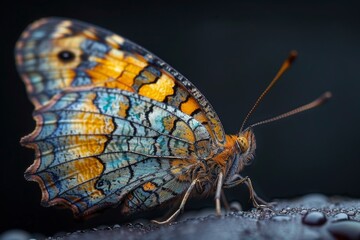 Fototapeta premium Close-Up of a Multicolored Butterfly on a Dew-Covered Surface