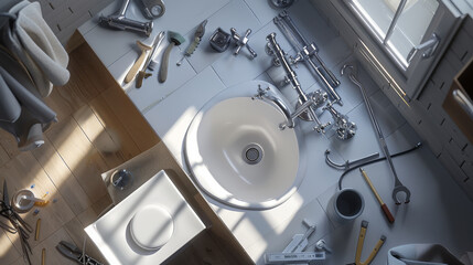 A well-lit bathroom workspace with various tools and plumbing fixtures scattered around the sink, suggesting an ongoing repair or renovation project.