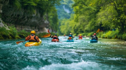 Adventurous Kayaking on Rapid River Surrounded by Lush Greenery for Outdoor Enthusiast Posters