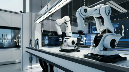 Advanced robotic arms working diligently in a clean, high-tech laboratory, showcasing the future of automation and industrial design.