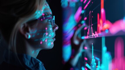 An intricately designed vector image of a businesswoman presenting a detailed investment plan to clients, with holographic projections of financial data. The scene captures the precision and