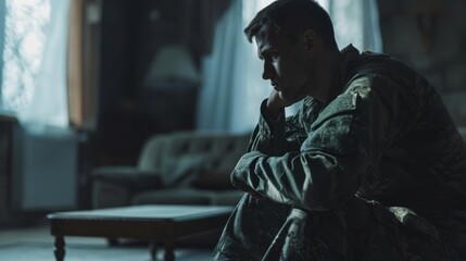 Soldier sits alone on a bed, deep in thought, in full uniform