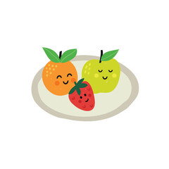 Healthy fruit characters smiling on the plate. Concept of healthy lifestyle for kids. Orange, apple, strawberry. 