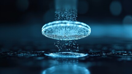 An intricately designed vector image of a digital coin emerging from a computer screen, symbolizing cryptocurrency and digital finance. The hyper-detailed shading adds depth to the coin and screen.