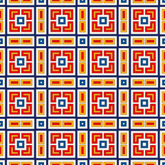 Bright ethnic abstract background. Seamless pattern with symmetric geometric ornament. Ornamental vivid wallpaper. Vector illustration