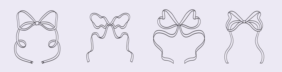 Set of minimalist various bow knots, tie ups, gift bows. Hand drawn Vector illustration. Isolated design elements. Wedding celebration, holiday, party decoration, gift, present concept