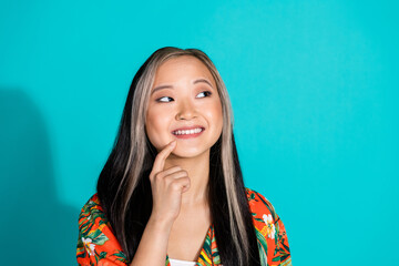 Photo of charming lovely nice girl wear trendy print clothes look empty space news isolated on cyan...