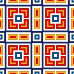 Bright ethnic abstract background. Seamless pattern with symmetric geometric ornament. Ornamental vivid wallpaper. Vector illustration
