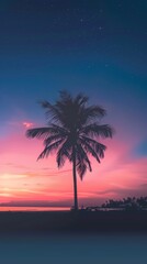 Obraz premium Palm tree silhouette at tropical sunset with starry night sky, peaceful beach scene