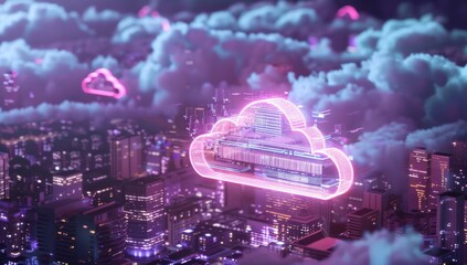 Working Data cloud animation Servers and Supercomputers with Cloud Storage. Internet Artificial intelligence. Technology web background.