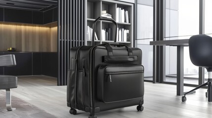 Fototapeta premium Sleek Rolling Briefcase with Multiple Compartments in Modern Office Setting for Professionals
