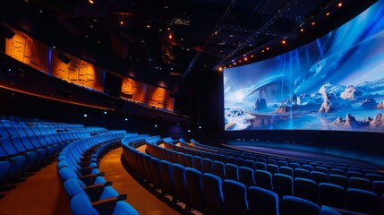Naklejka premium A wide shot of an empty movie theater with blue seats and a large curved screen showing a futuristic landscape.