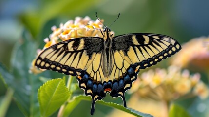 Fototapeta premium Yellow Swallowtail Butterfly on Flowers
