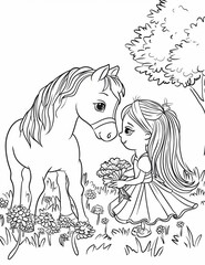 
coloring pages for kids, The princess weaves a wreath of wildflowers for her horse. , cartoon style, thick lines, low detail, black and white, no shading,