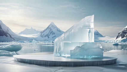 Ice background podium cold winter snow product platform floor frozen mountain iceberg. Podium glacier cool ice background stage landscape display icy stand 3d water nature pedestal arctic concept cave