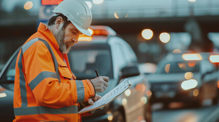 A traffic officer in bright orange uniform takes notes at a nighttime traffic scene, highlighting themes of duty, safety, and focus.