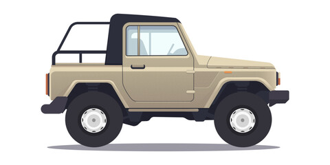 Illustration of a beige off-road vehicle, flat graphic style, against a white background. Concept of adventure and outdoor travel. Vector illustration