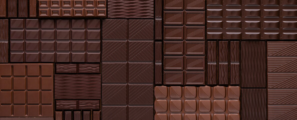 bars of various chocolate background. sweet dessert, top view