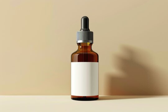 amber dropper bottle mockup with blank white label and rectangular box isolated on light background