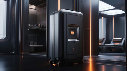 Modern Cabin Suitcase with Built-In Scale and Digital Lock in a Sleek, High-Tech Environment