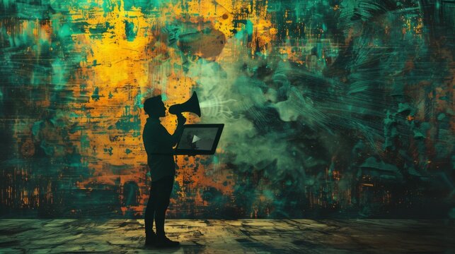 Man using a laptop and a megaphone to spread misinformation against a grungy backdrop