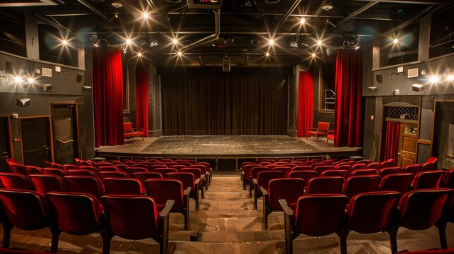 Rows of empty red seats in a theater auditorium, facing the stage, with red curtains and stage lights. The stage is empty and ready for a performance.