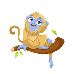 Cute cartoon monkey sitting on a tree branch. Bright colors on a white background. Concept of kids illustrations. Vector illustration