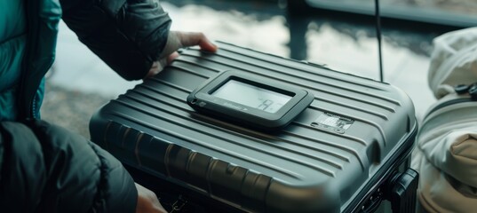 Traveler Using Digital Luggage Scale to Weigh Suitcase for Airline Weight Compliance