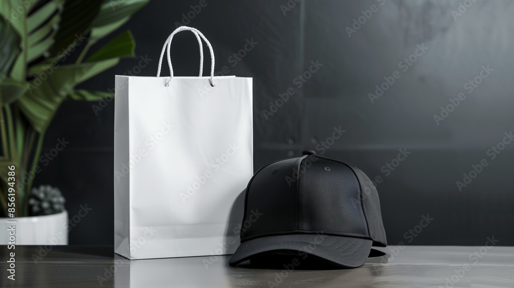 Poster mock up of black baseball cap and white shopping bag, Ai generated Images