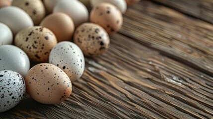 Abundance of chicken and quail eggs displayed on a simple wooden backdrop Easter theme