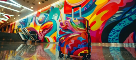 Naklejka premium Trendy Hand Luggage with Colorful Design in Front of Vibrant Airport Mural