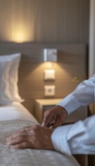 Fototapeta premium Housekeeper Sanitizing Light Switch in Elegant Hotel Room with Modern Decor and Plush Bedding