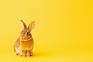 Obraz premium Red rabbit on yellow background with copy space