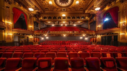 A view of the empty red seats in a historic theater. The stage is dark and empty, and the balcony above is also vacant. The ornate gold details of the building are visible in the background.