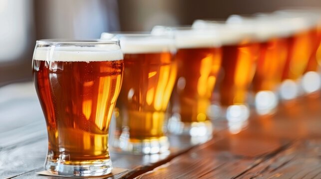 Crisp and vibrant v shaped arrangement of beer glasses in sharp focus, creating an enticing display - Powered by Adobe