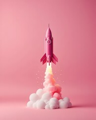 Obraz premium A minimalist image of a rocket launching with vibrant pink smoke against a pastel pink background, creating a striking visual contrast.