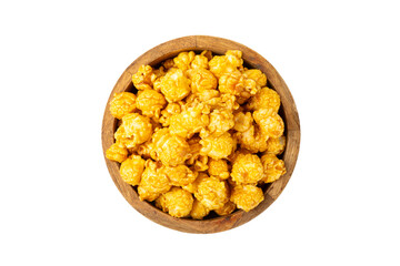 Caramel popcorn.Tasty popcorn isolated on white background. Cinema and entertainment concept. Movie night with popcorn. Delicious appetizer, snack. Place for text. Copy space.Banner