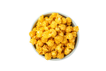 Caramel popcorn.Tasty popcorn isolated on white background. Cinema and entertainment concept. Movie night with popcorn. Delicious appetizer, snack. Place for text. Copy space.Banner