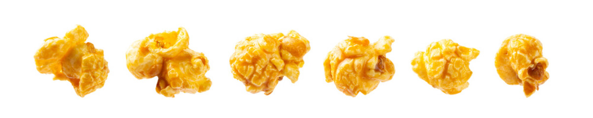 Caramel popcorn.Tasty popcorn isolated on white background. Cinema and entertainment concept. Movie night with popcorn. Delicious appetizer, snack. Place for text. Copy space.Banner