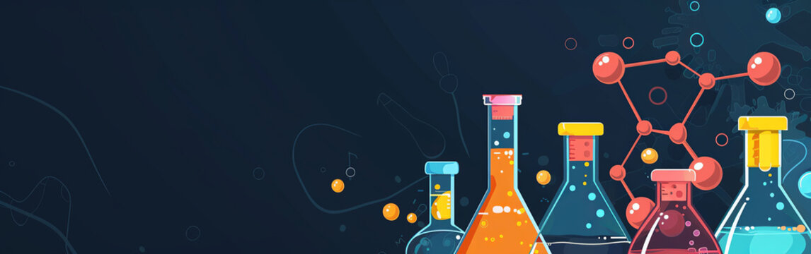 A colorful illustration of chemical flasks filled with liquids, with molecular structures and bubbles against a dark background. With copy space for text.