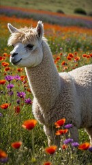 Fototapeta premium Amidst vibrant field of wildflowers, llama stands, its wool contrasting against vivid reds, oranges. Serene moment captures natures beauty.