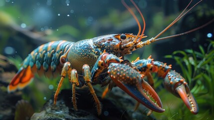 Close-up of a Striking Crayfish in its Aquatic Habitat