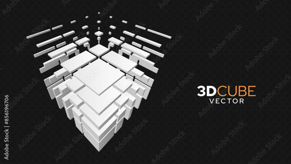 Poster 3d white cube of cubes in perspective. flying cubes on a transparent background. vector illustration