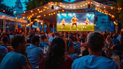 Crowd is enjoying a warm summer night watching a football match on a big screen
