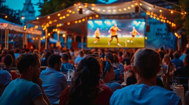 Crowd is enjoying a warm summer night watching a football match on a big screen